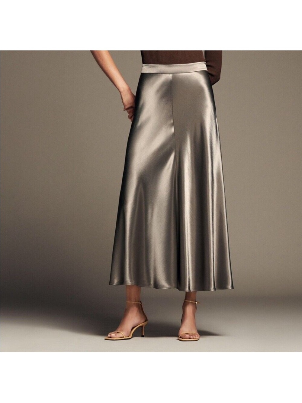 Zara Pewter Brown Viscose Long Maxi Skirt Satin Effect